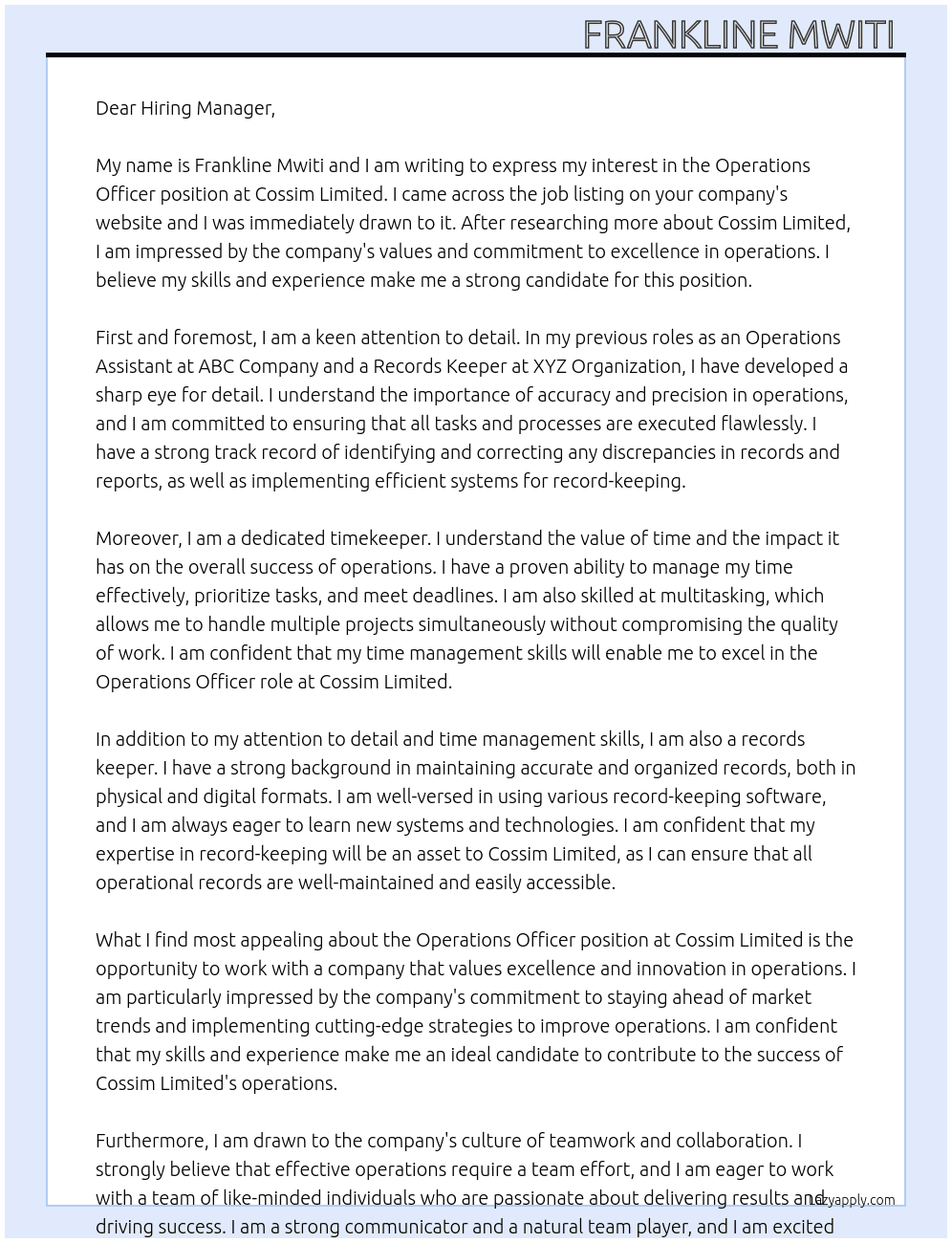Operations officer  At Cossim limited  Cover Letter