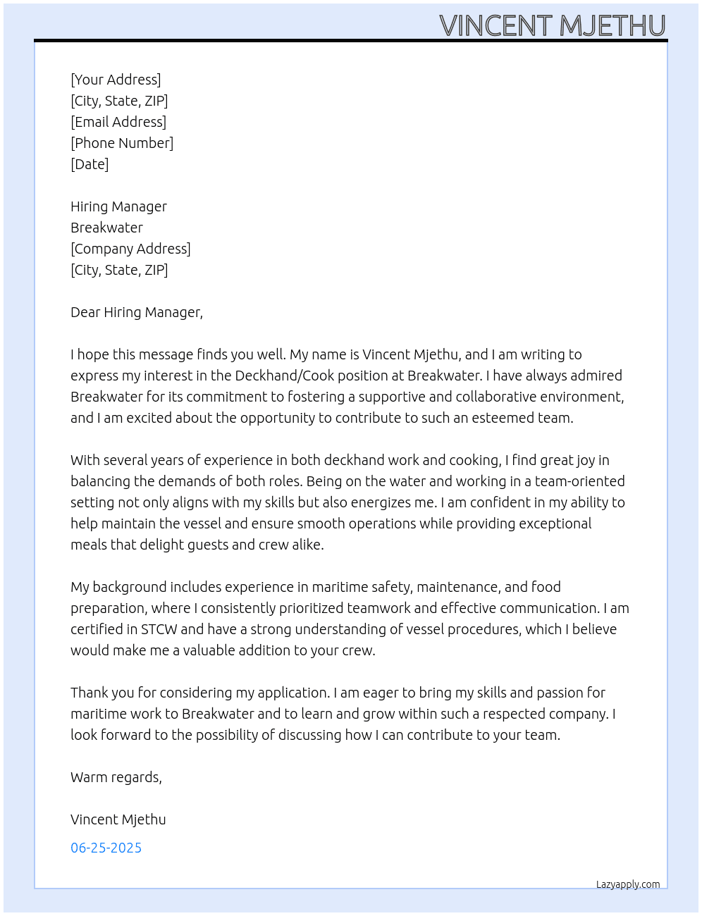 Deckhand / Cook At Breakwater Cover Letter