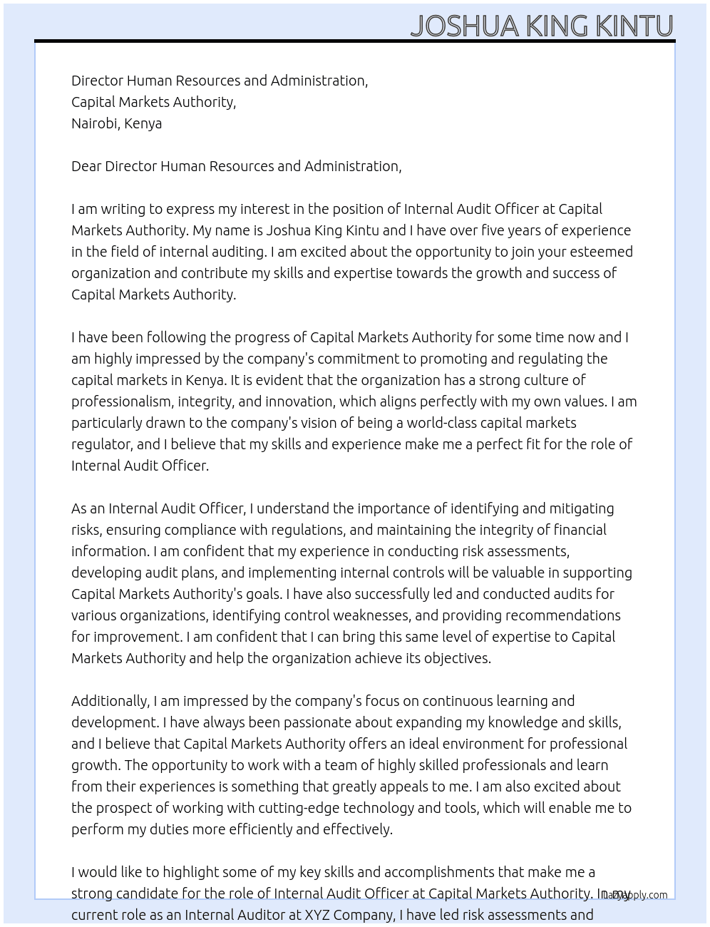 internal audit officer At Capital Markets Authourity Cover Letter