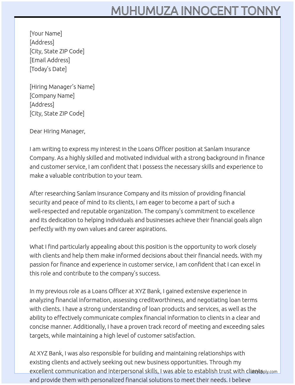 Loans officer At Sanlam insurance company Cover Letter