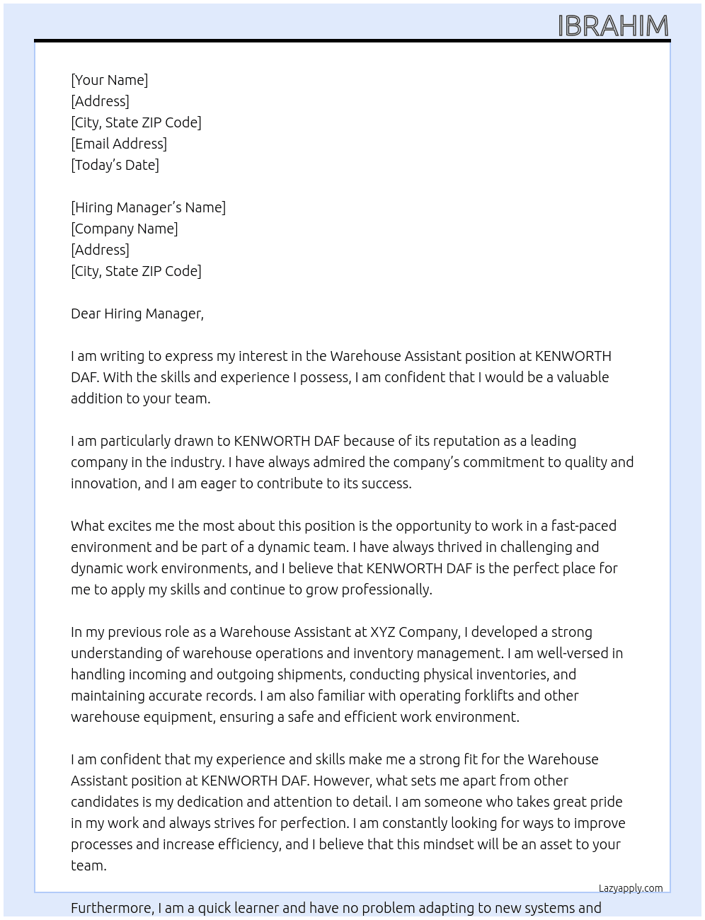 Warehouse assistant  At KENWORTH DAF Cover Letter