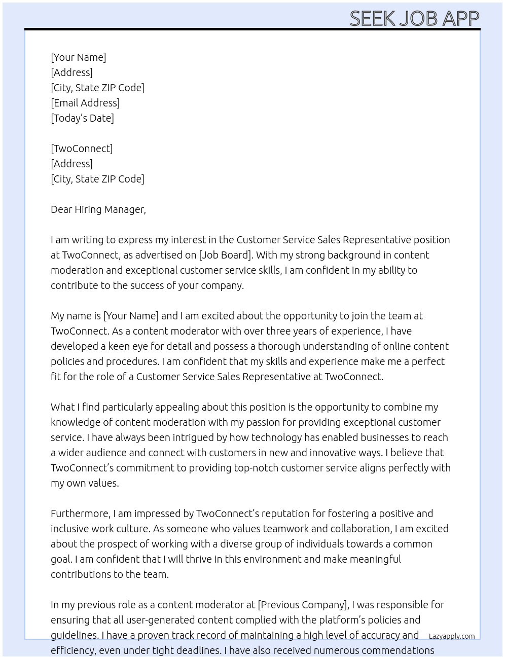 Customer Service Sales Representative  At TwoConnect Cover Letter