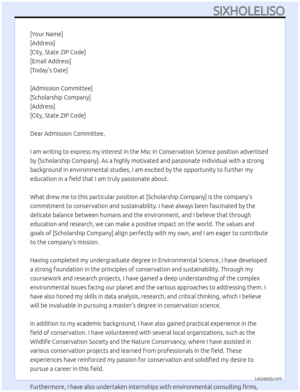 Msc in conservation science  At Scholarship Cover Letter