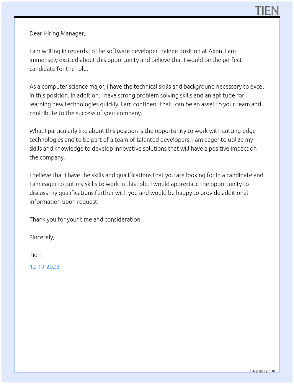 software developer trainee At Axon Cover Letter