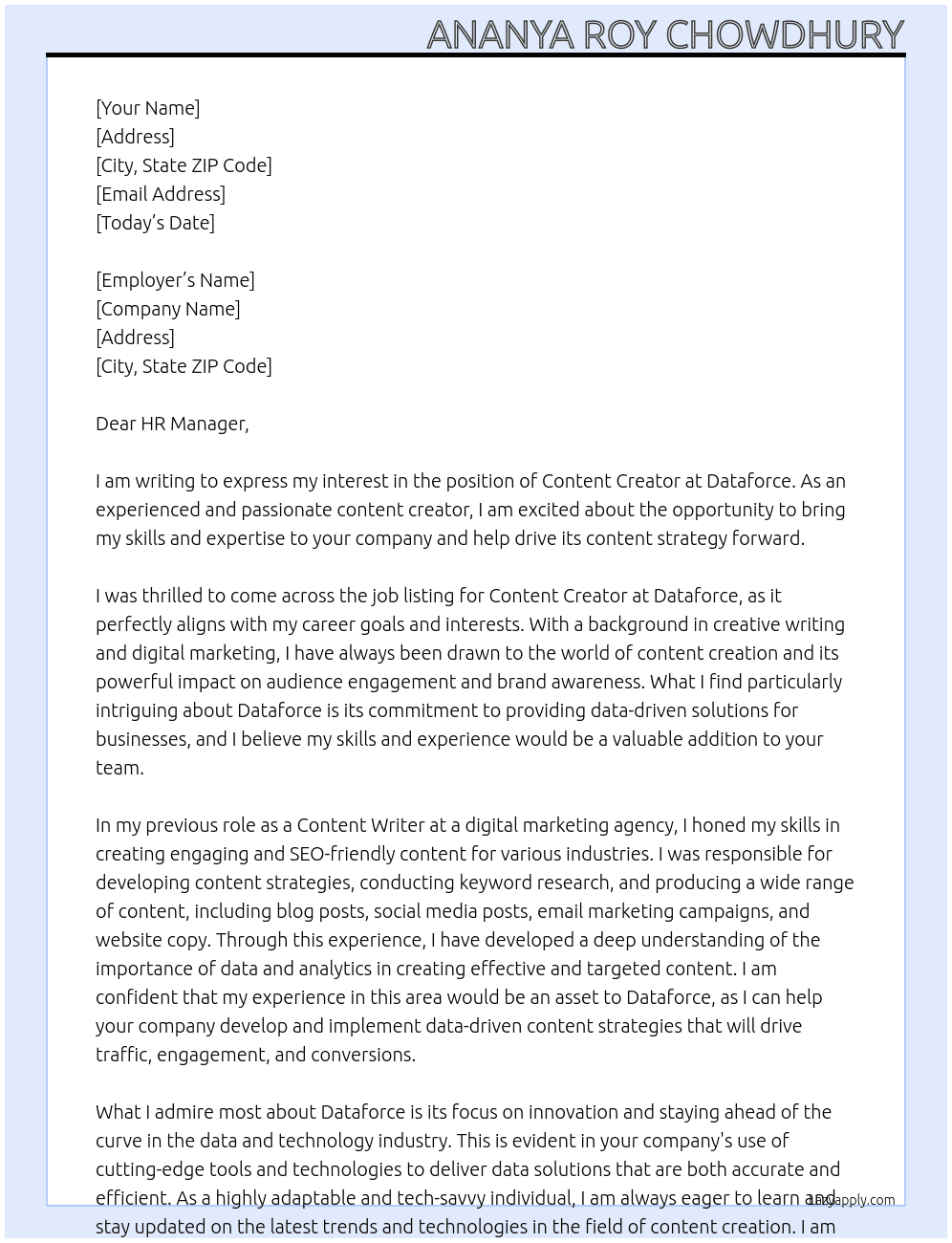 content creator At Dataforce Cover Letter