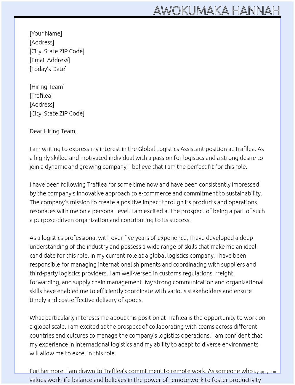 Global Logistics Assistant  At Trafilea Cover Letter