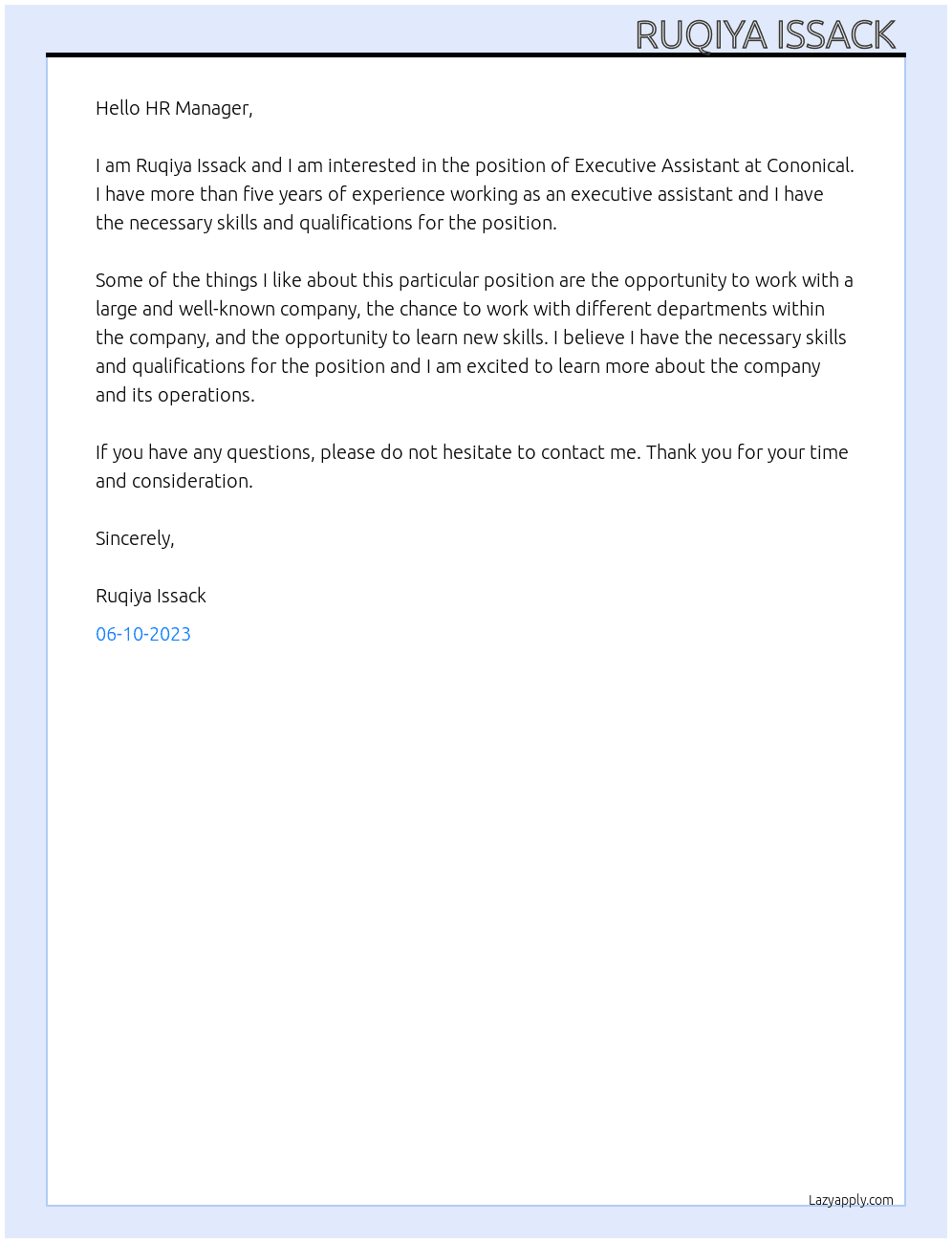 Executive assistant  At Cononical  Cover Letter