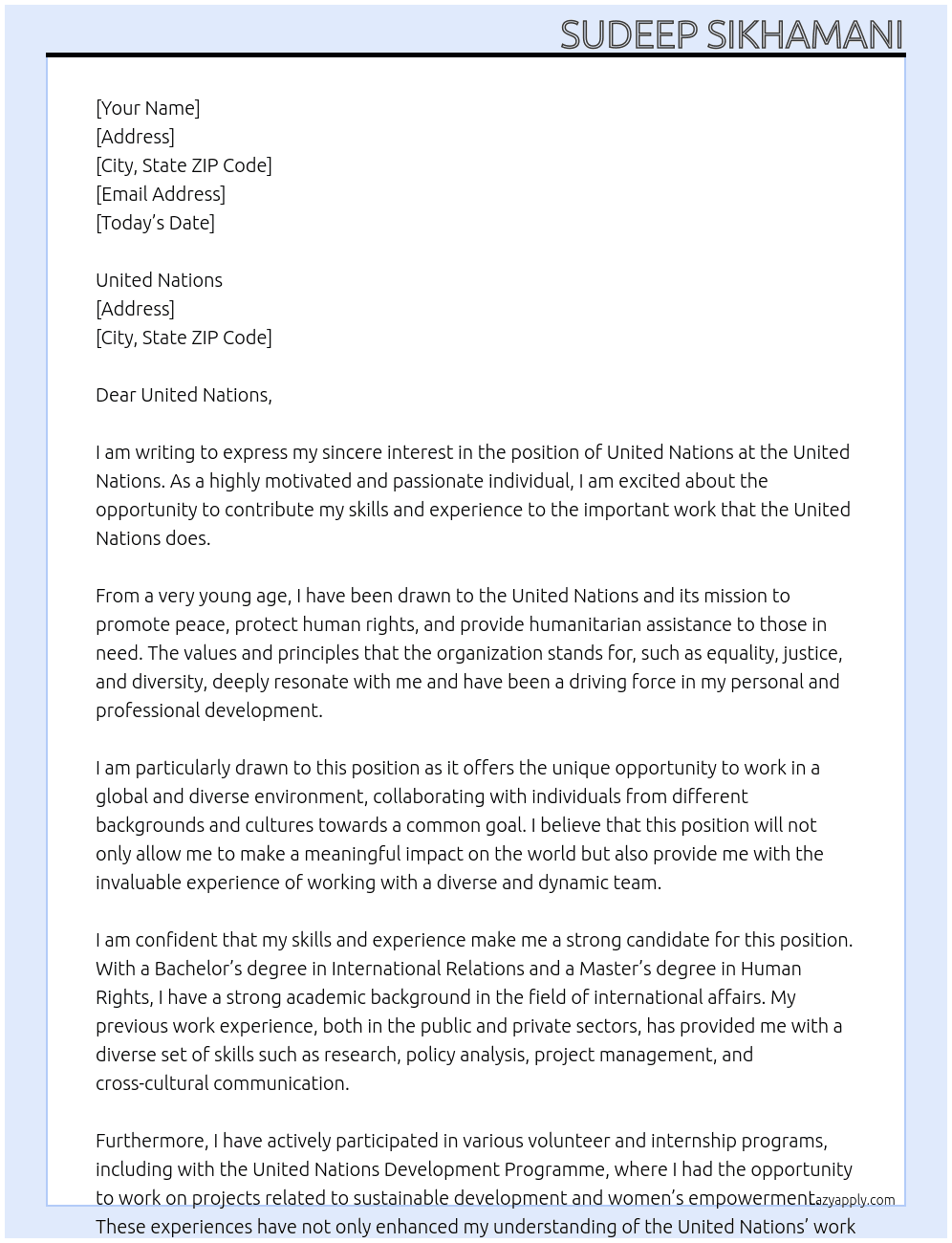 United nations  At United nations  Cover Letter