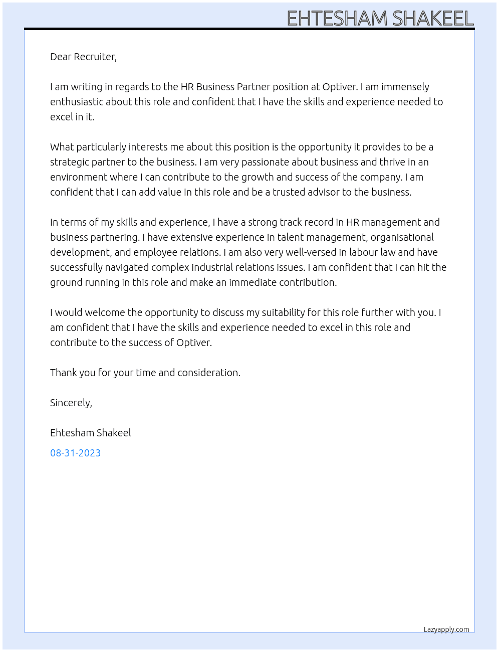 HR Business Partner  At Optiver  Cover Letter