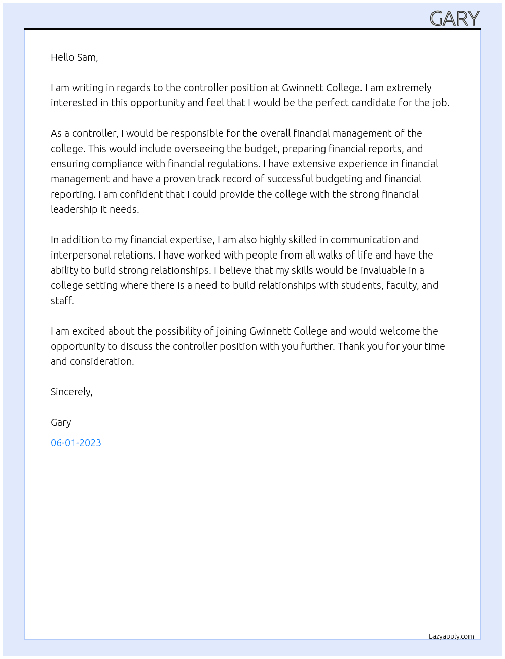 Controller At Gwinnett College Cover Letter