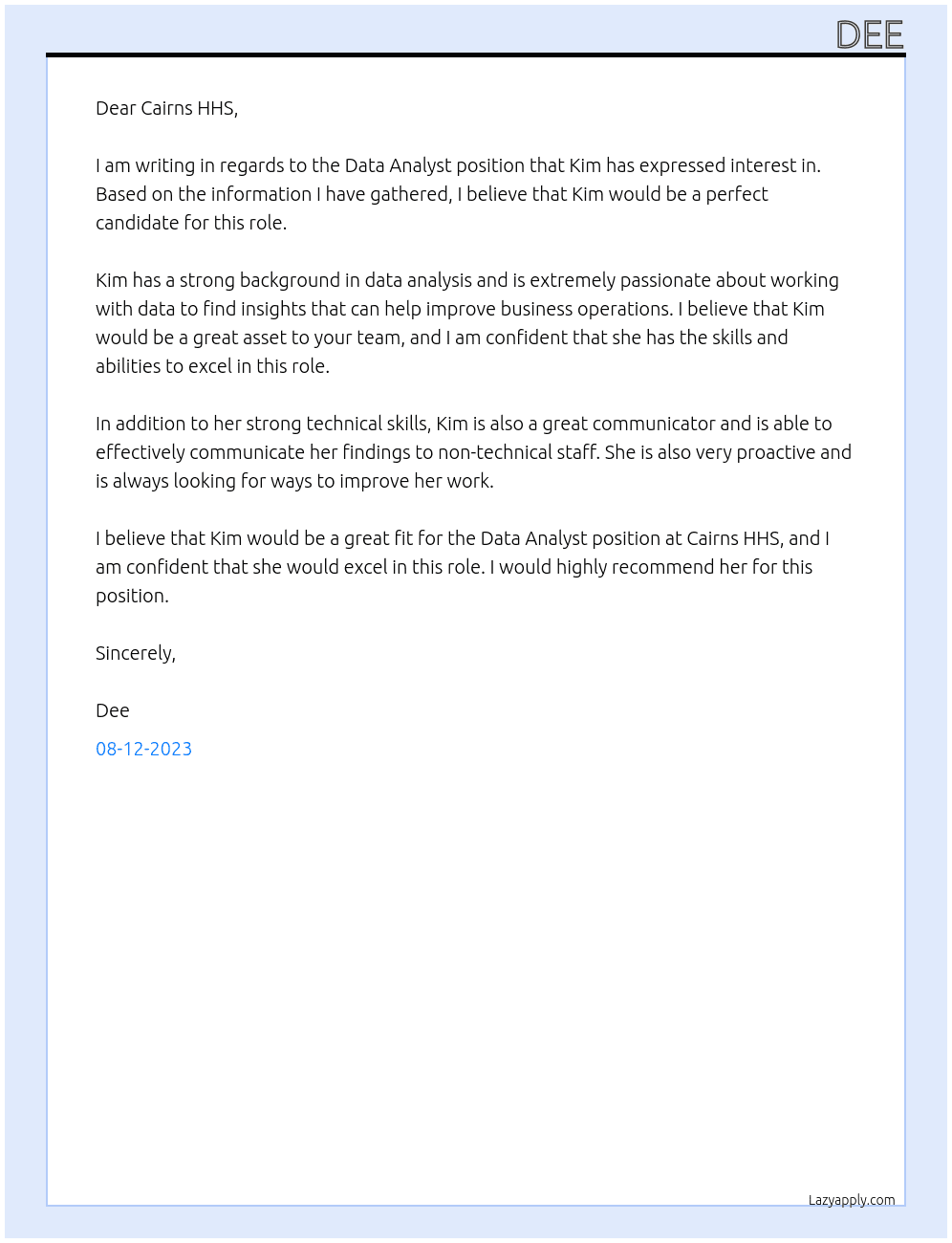 Data Analyst At Cairns HHS Cover Letter