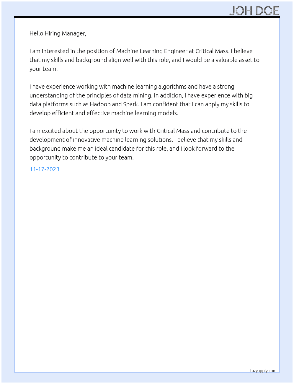 Machine Learning Engineer At Critical Mass Cover Letter
