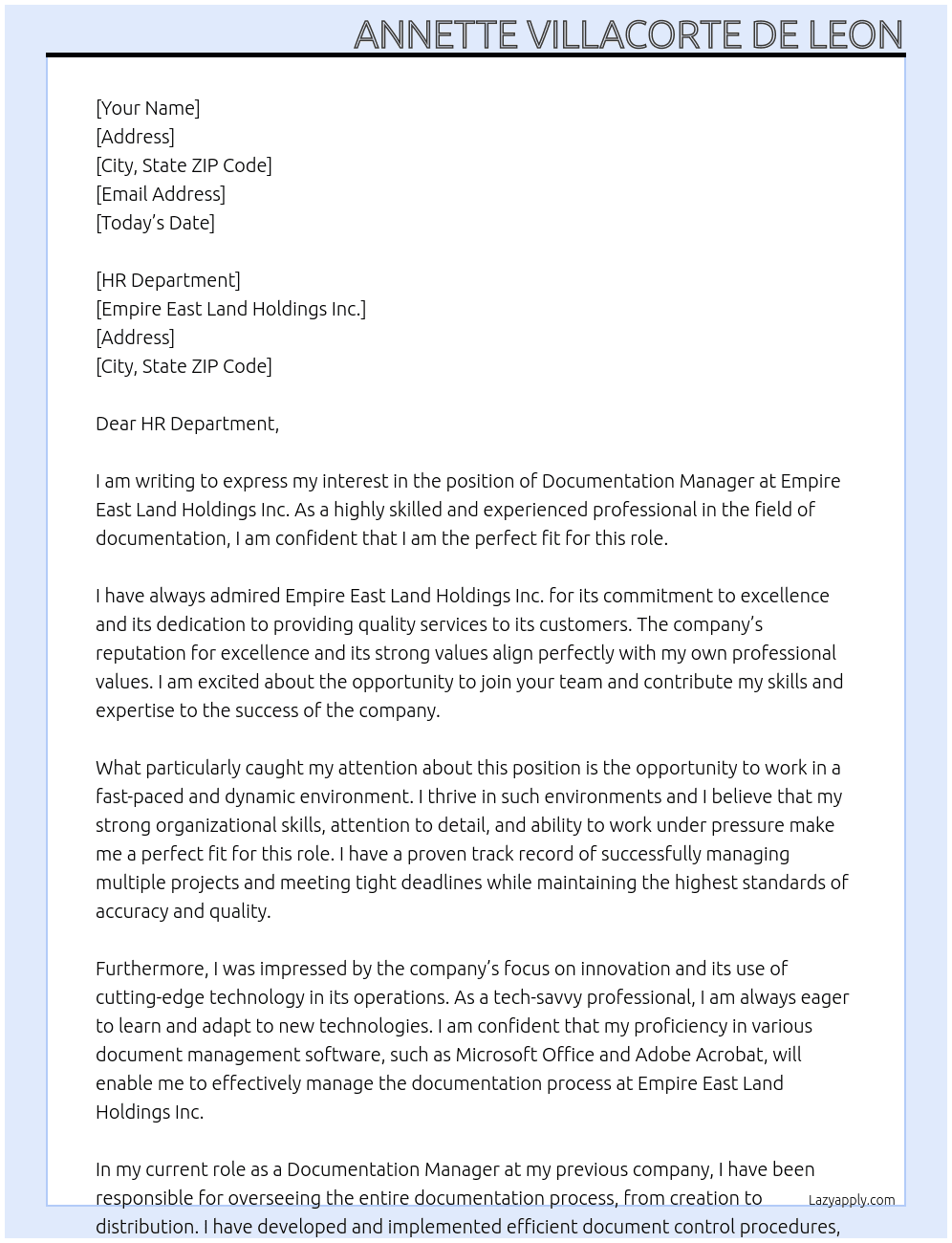 Documentation Manager At Empire East Land Holdings Inc. Cover Letter
