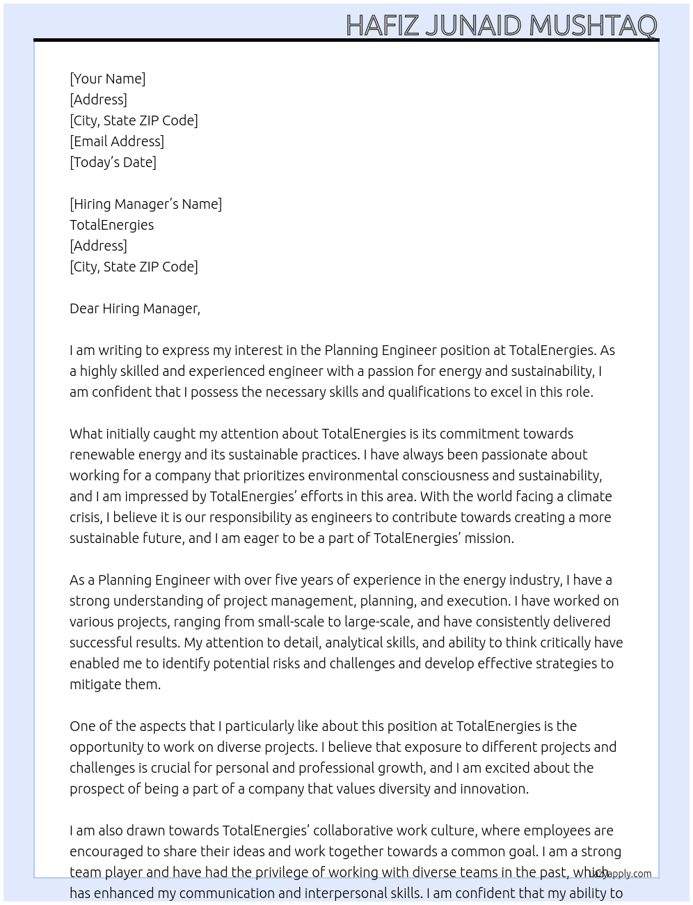 Planning Engineer At TotalEnergies Cover Letter