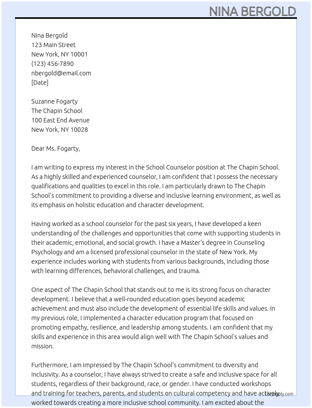 School Counselor At The Chapin School Cover Letter