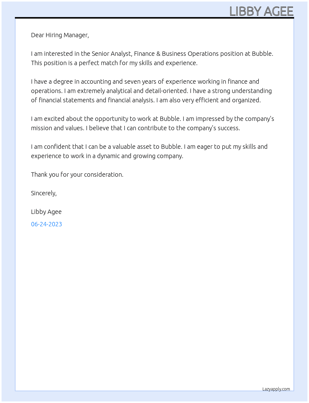 Senior Analyst, Finance & Business Operations At Bubble Cover Letter