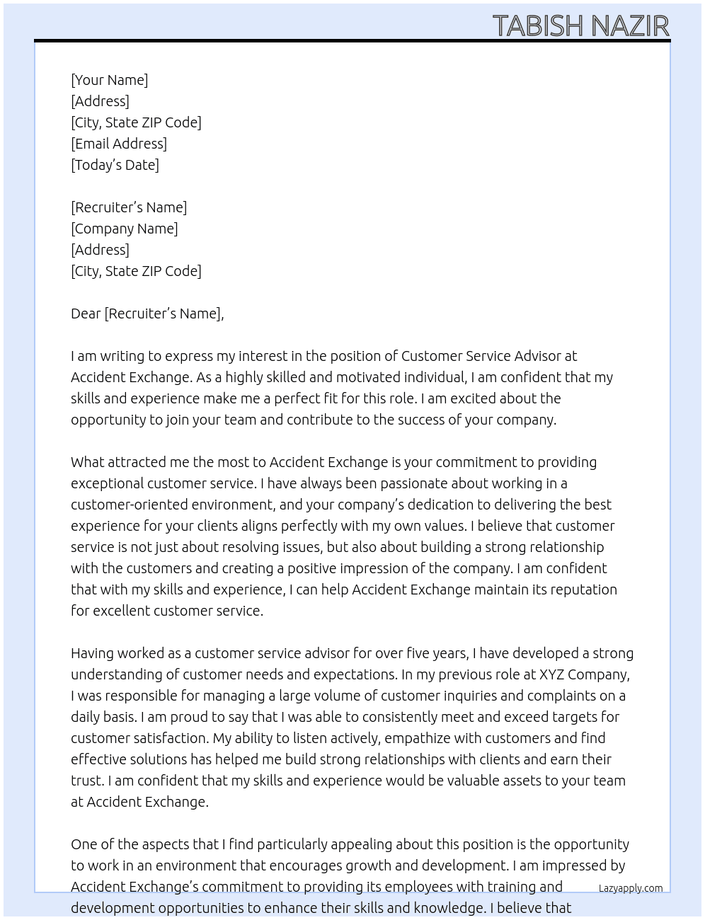  Customer service advisor  At Accident exchange  Cover Letter