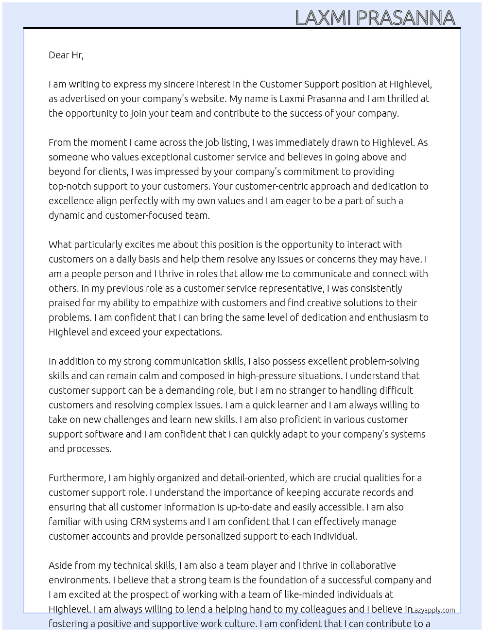 Customer support  At Highlevel Cover Letter