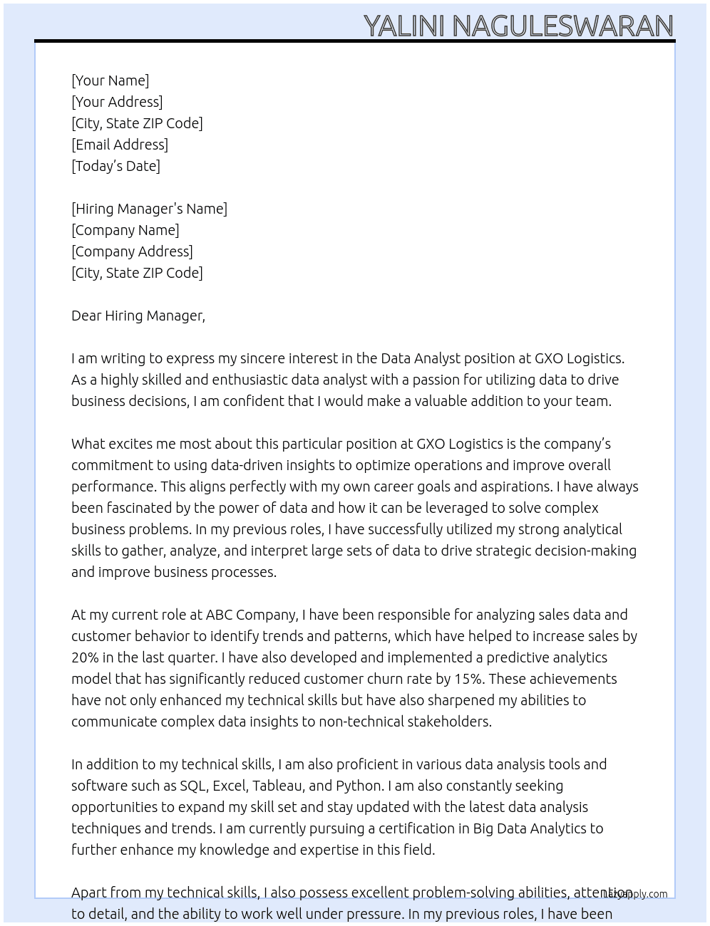 Data Analyst At GXO Logistics Cover Letter