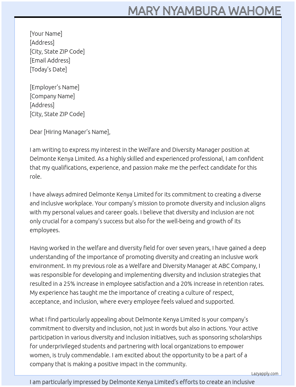 Welfare and diversity manager At Delmonte Kenya Limited Cover Letter