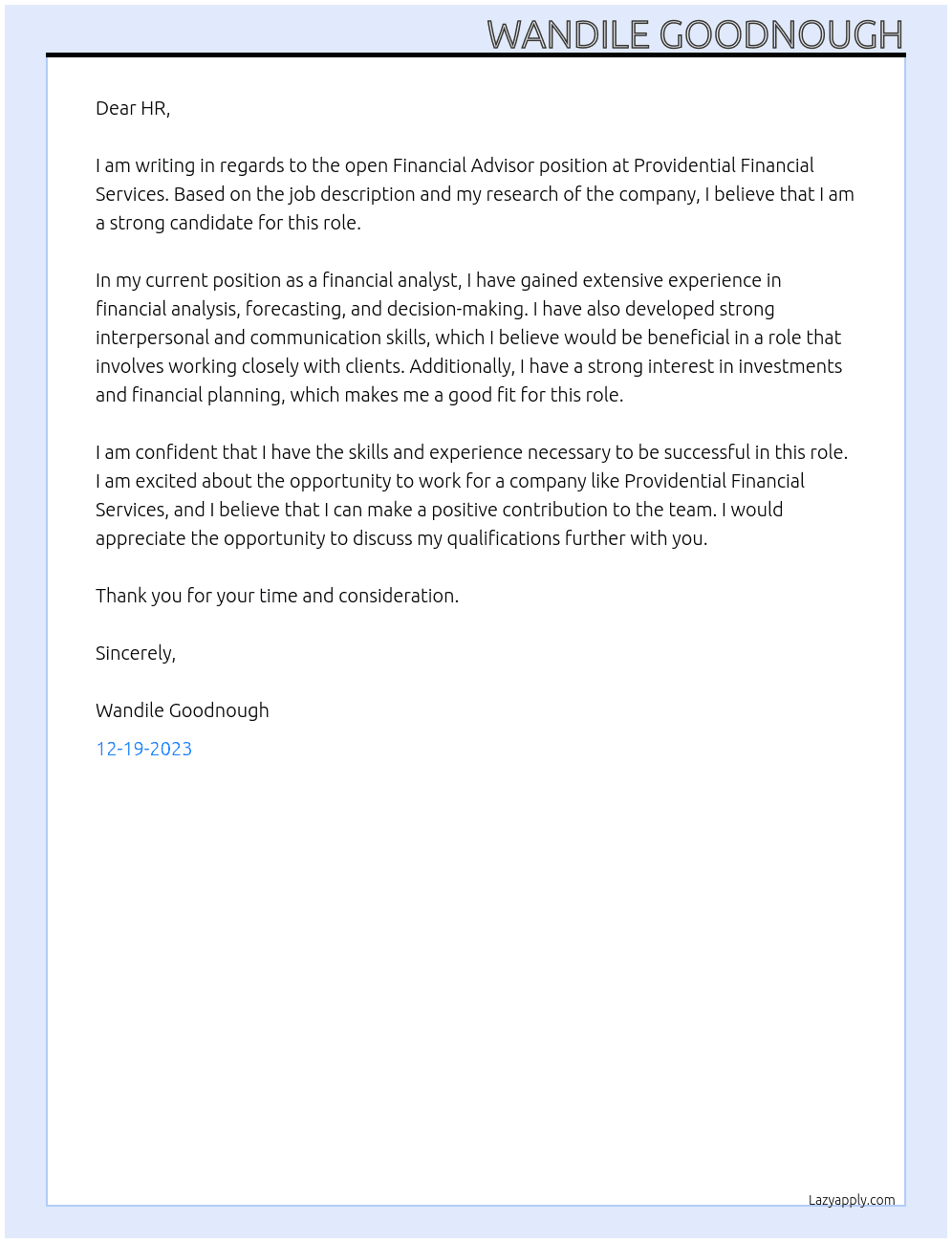 Financial Advisor At Providential Financial Services Cover Letter