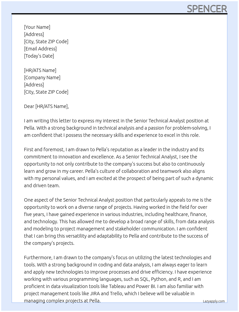 Senior Technical Analyst At Pella Cover Letter