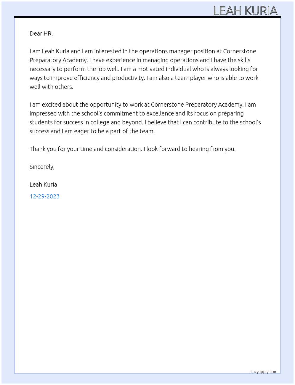 Operations manager  At Cornerstone Preparatory Academy  Cover Letter