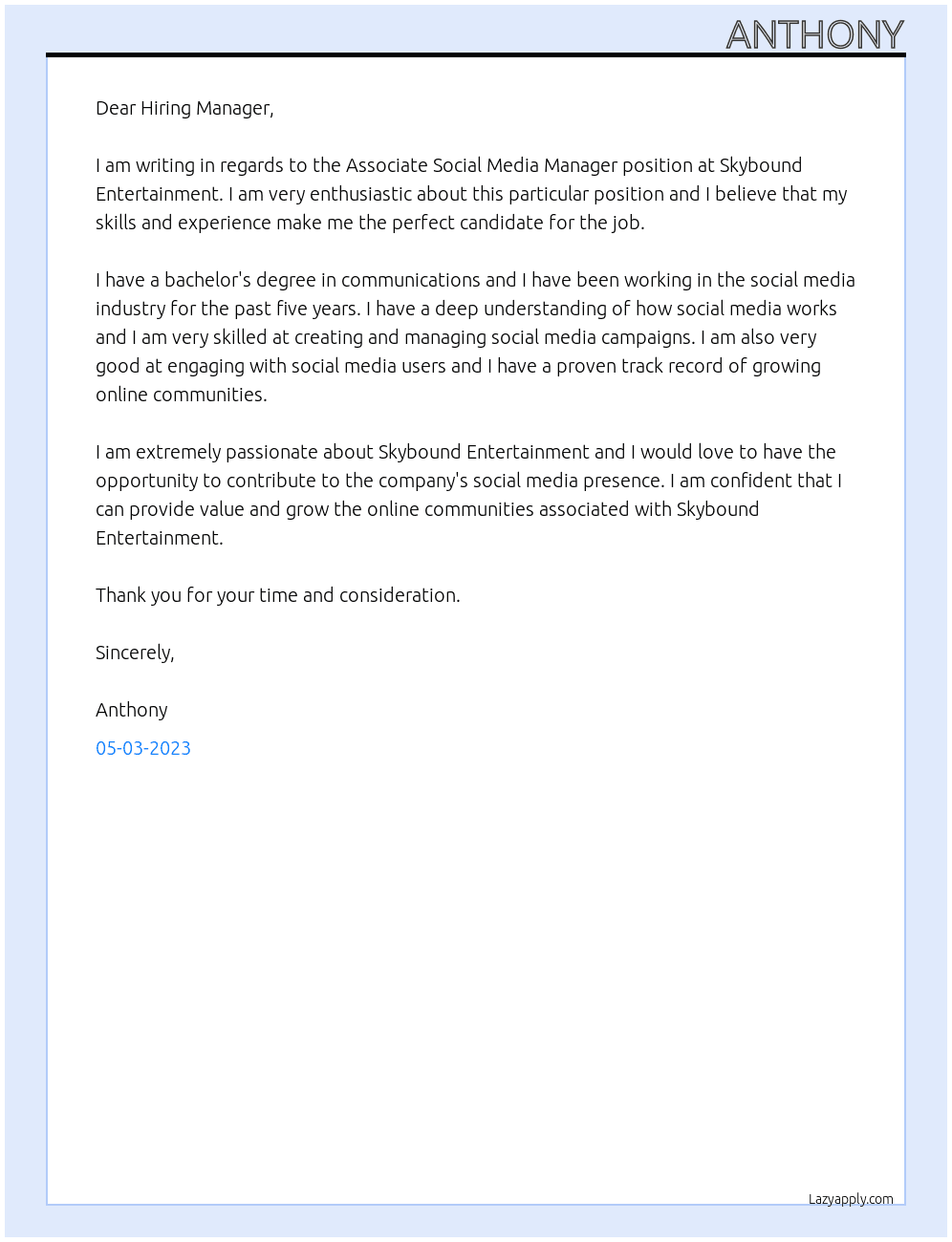 Associate Social Media Manager At Skybound Entertainment Cover Letter