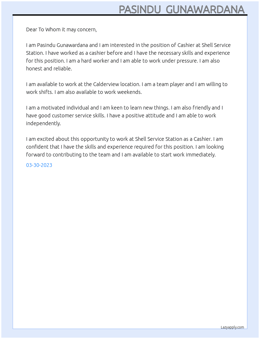 Cashier  At Shell Service Station  Cover Letter