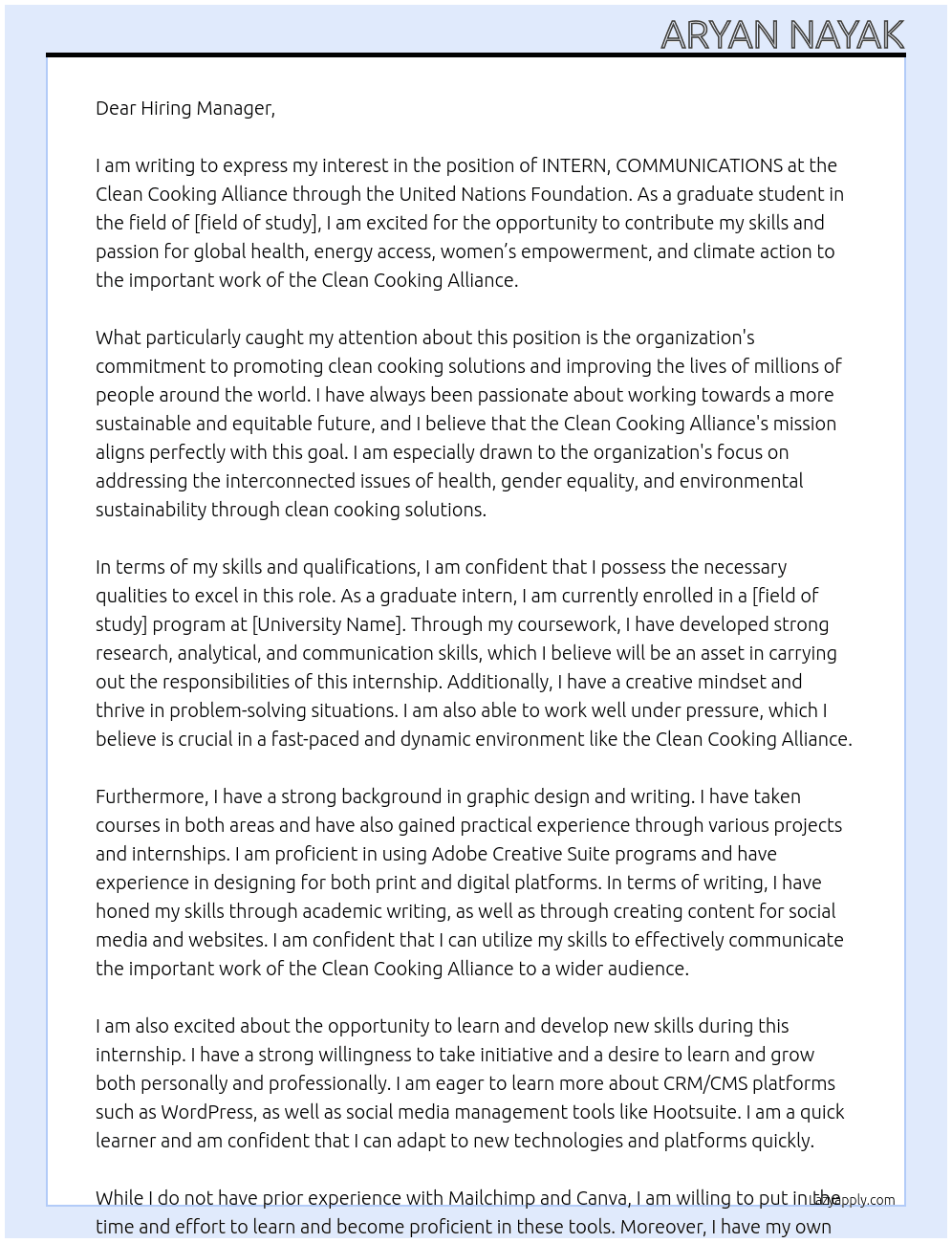 INTERN, COMMUNICATIONS, CLEAN COOKING ALLIANCE At United Nations Foundation Cover Letter