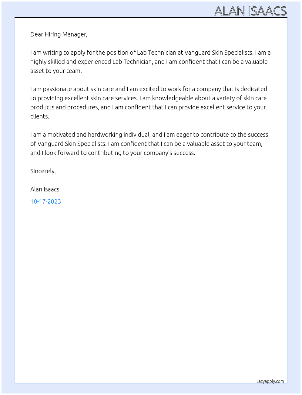 Lab technician  At Vanguard skin specialists  Cover Letter