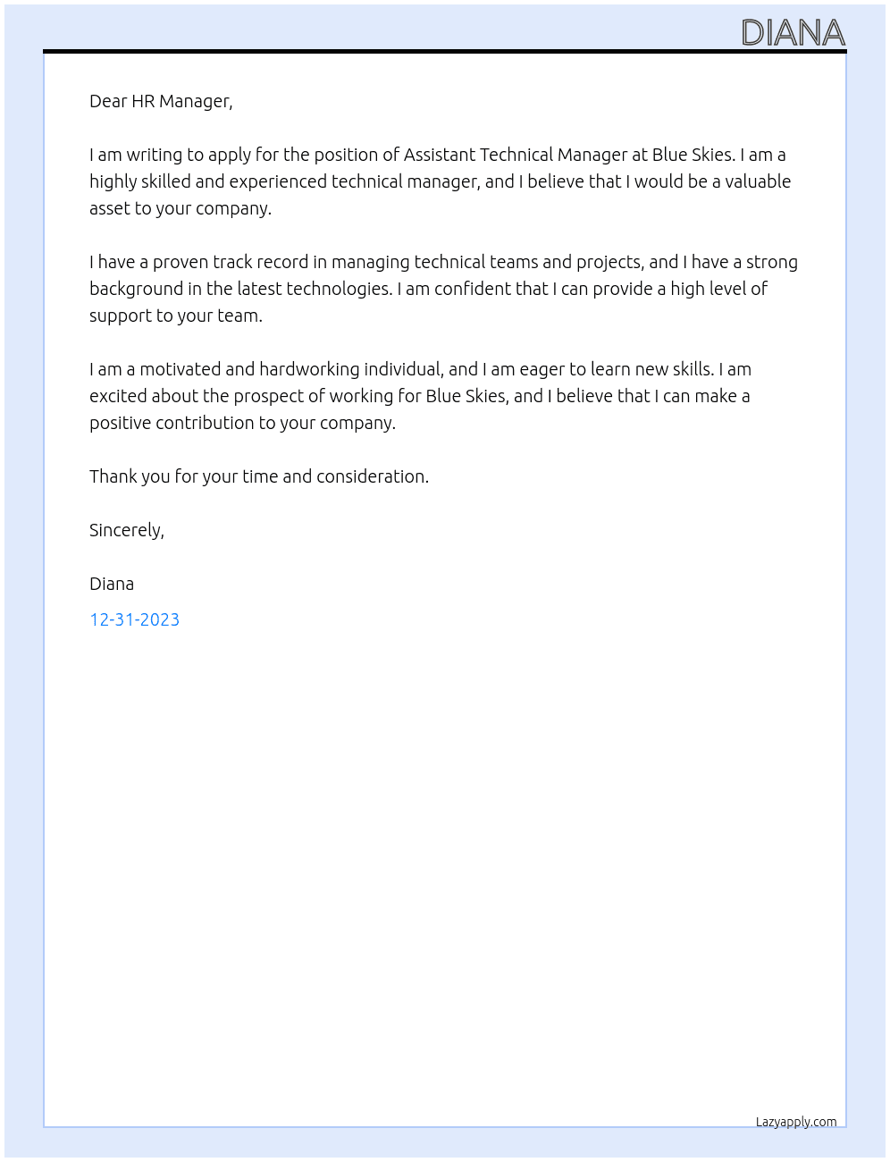 Assistent Technical Manager At Blue Skies Cover Letter