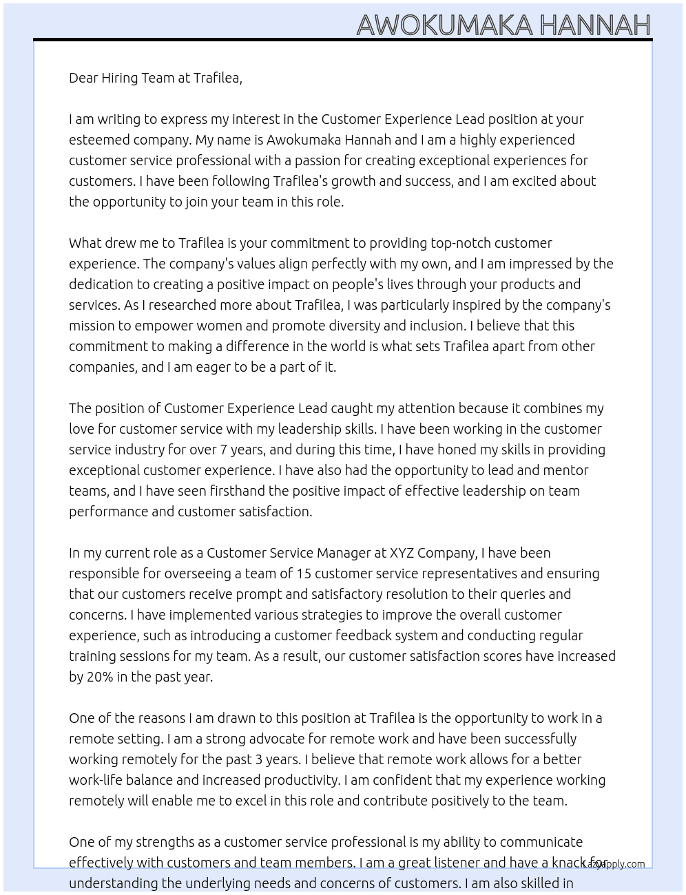 Customer Experience Lead At Trafilea Cover Letter