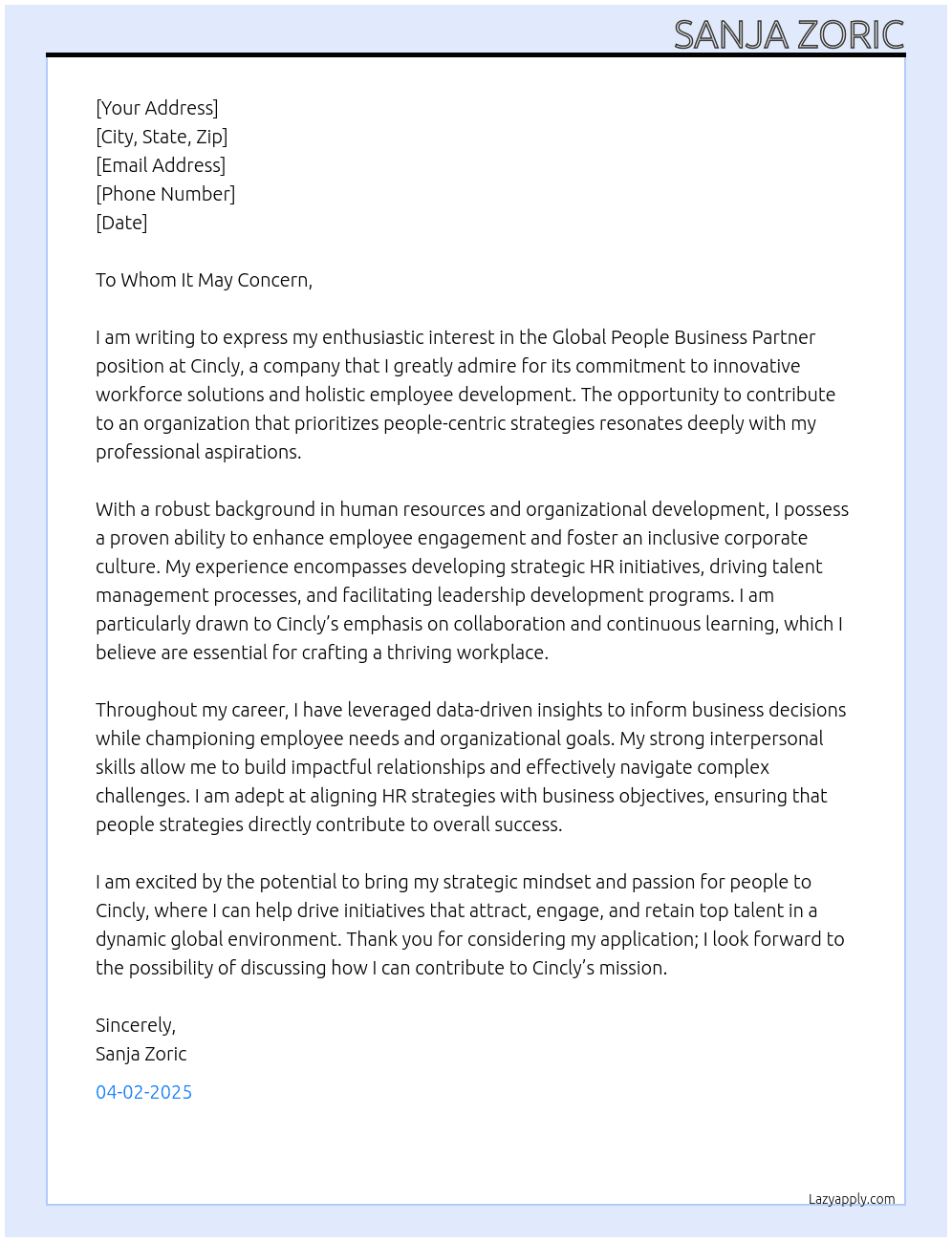 Global People Business Partner At Cincly Cover Letter