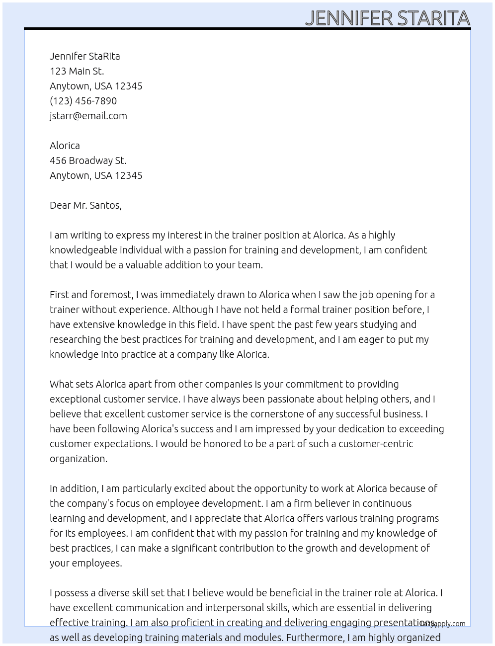 trainer without experience but knowledgeable At Alorica Cover Letter