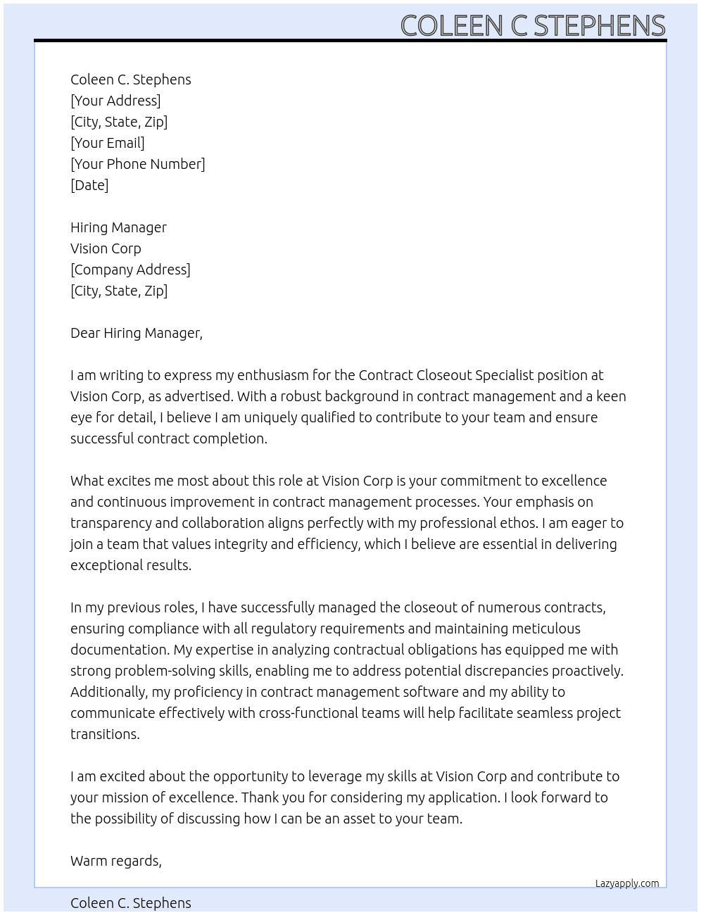 Contract Closeout Specialist  At Vision Corp Cover Letter