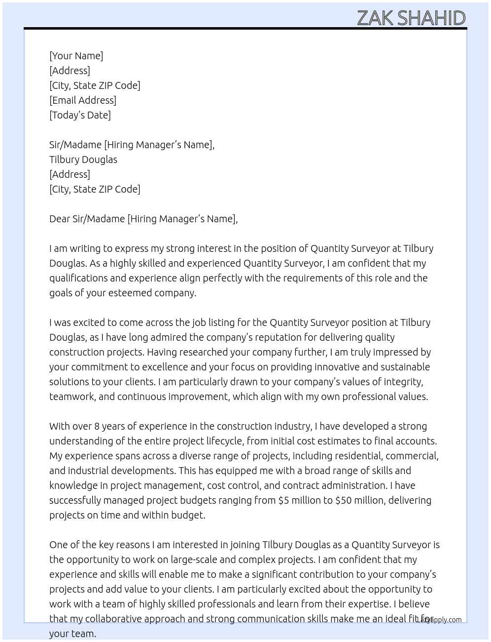 Quantity Surveyor At Tilbury Douglas Cover Letter