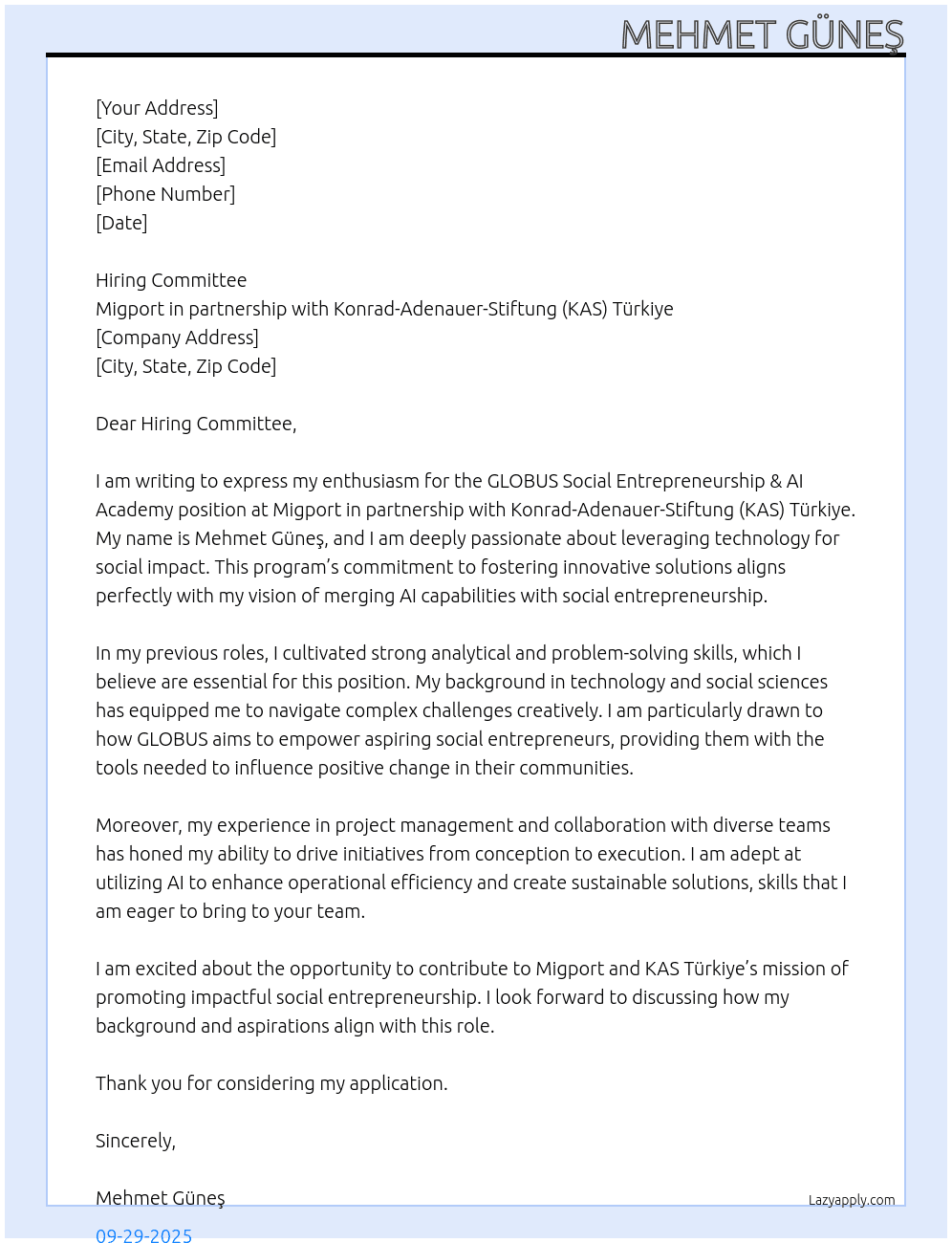 Cover letter for globus social entrepreneurship & ai academy - LazyApply