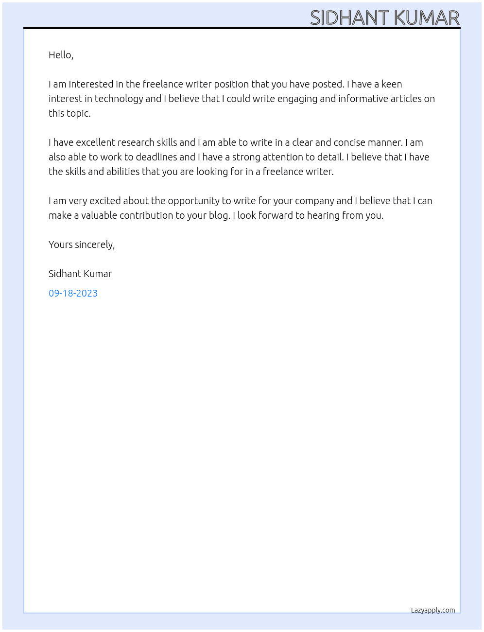 Freelance Writer At . Cover Letter