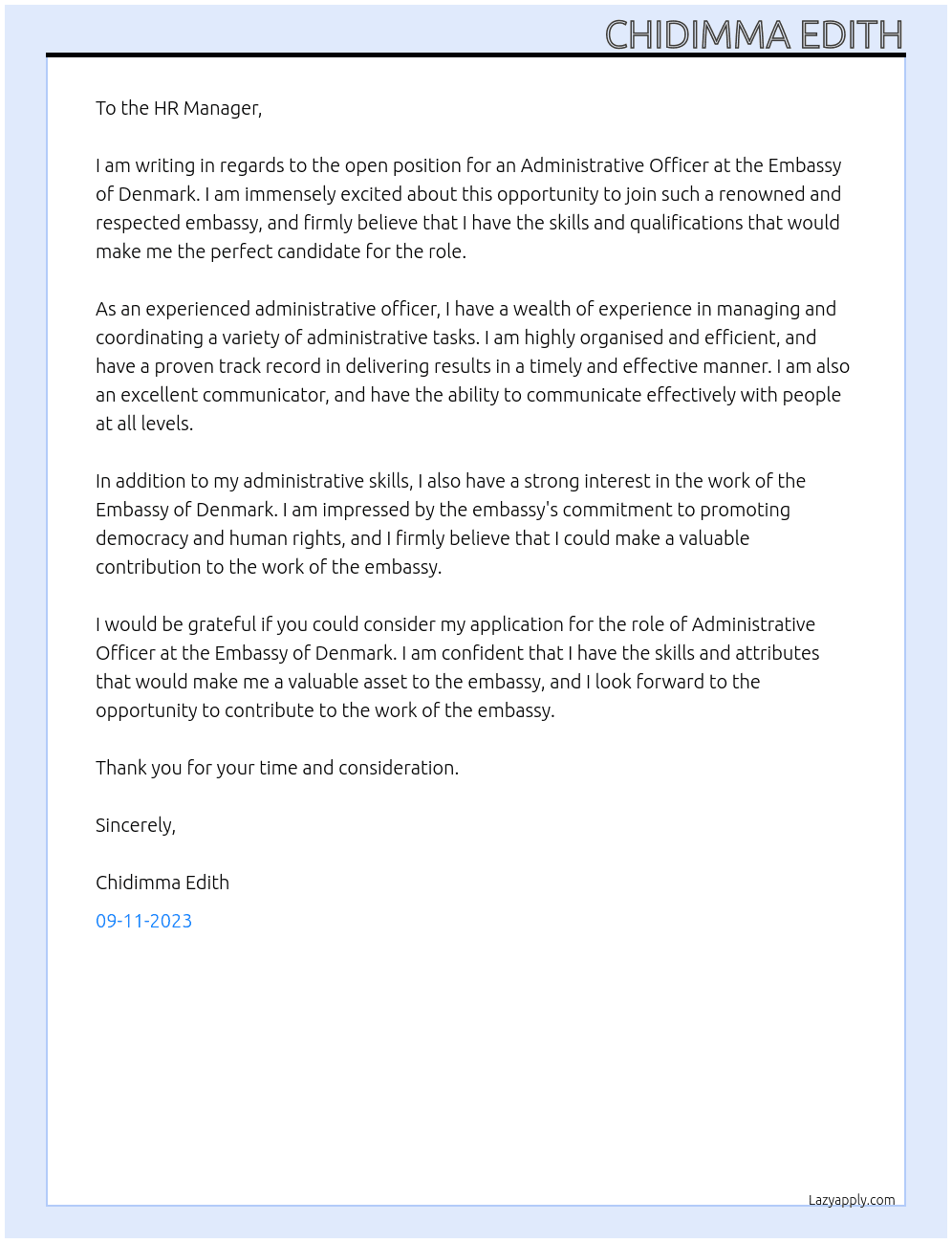administrative officer At embassy of denmark Cover Letter