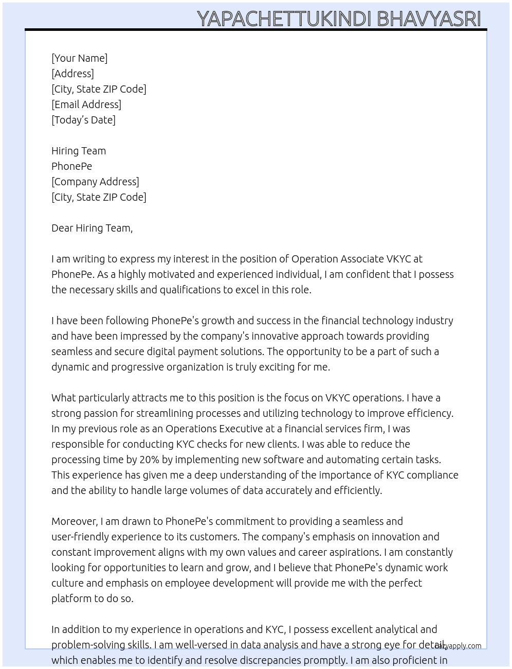 Cover letter for operation associate vkyc - LazyApply