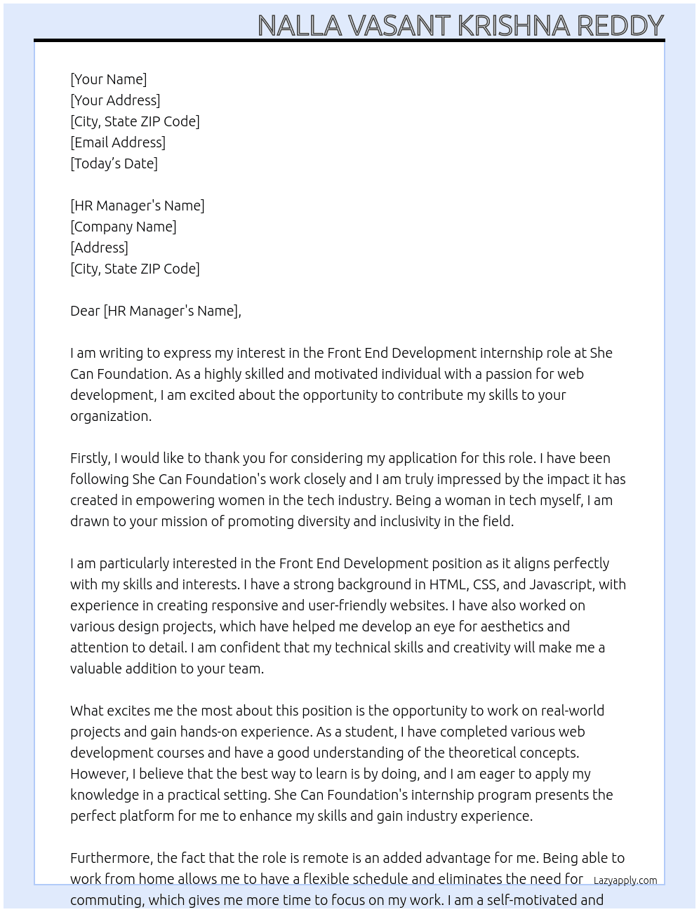 Front End Development At She Can Foundation Cover Letter