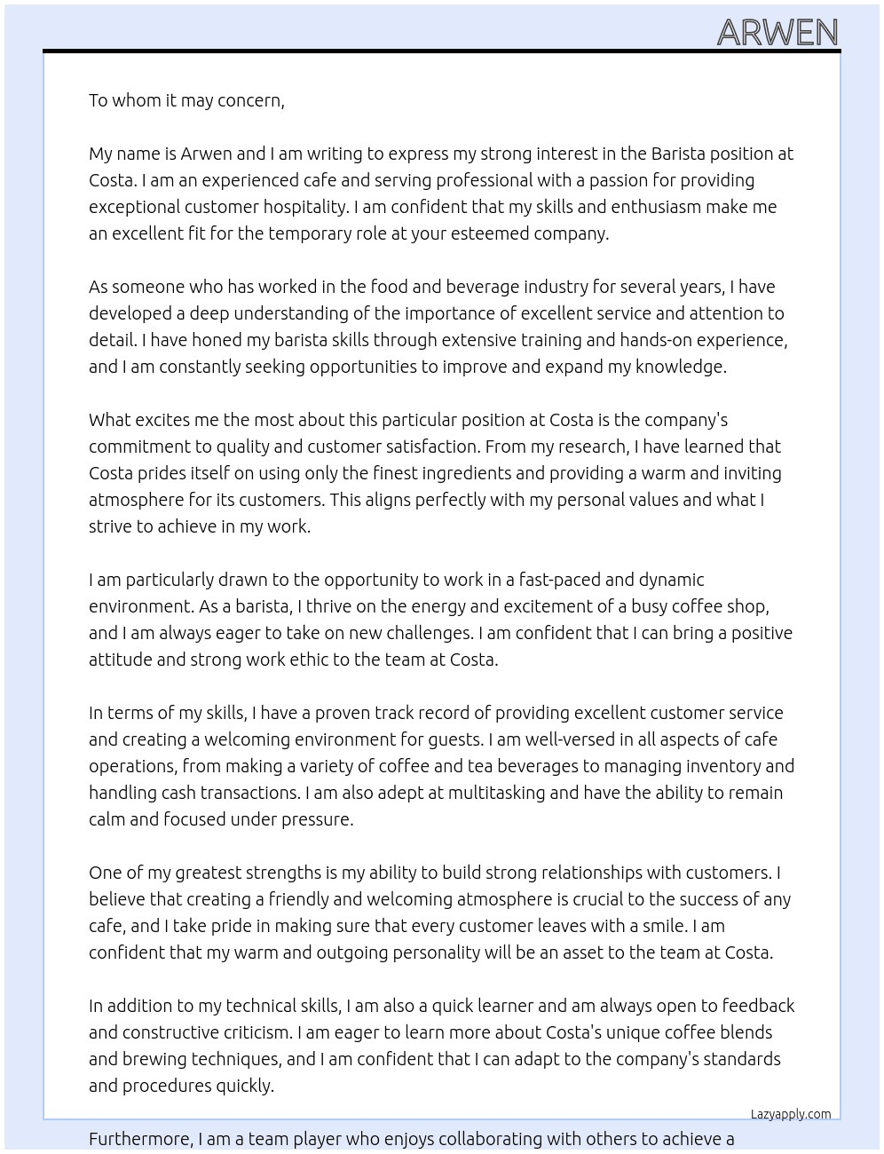 barista  At Costa  Cover Letter