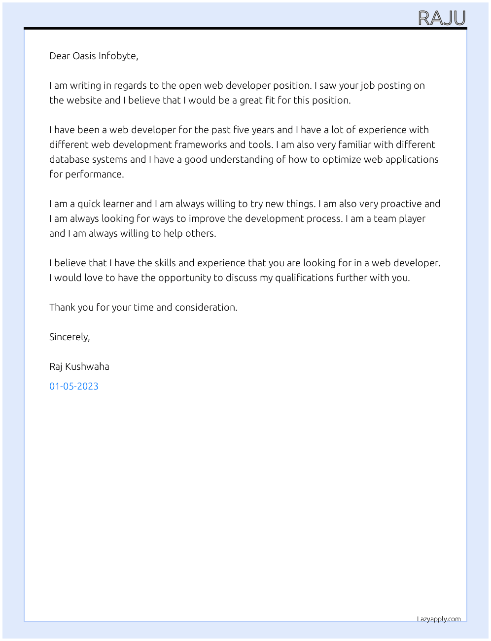 web developer At Oasis Infobyte Cover Letter