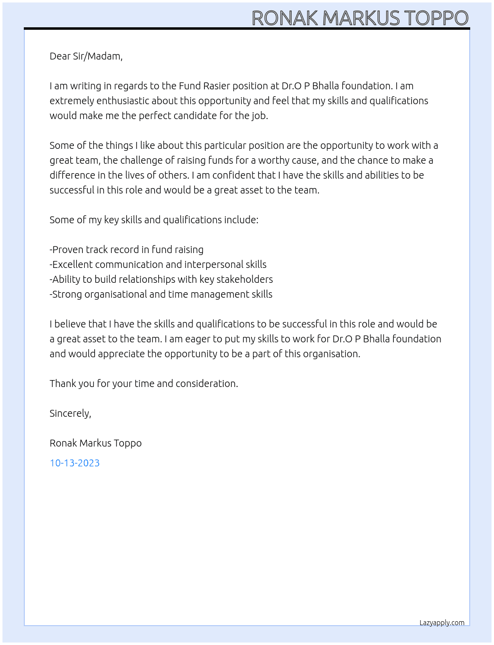 Cover letter for fund rasier - LazyApply