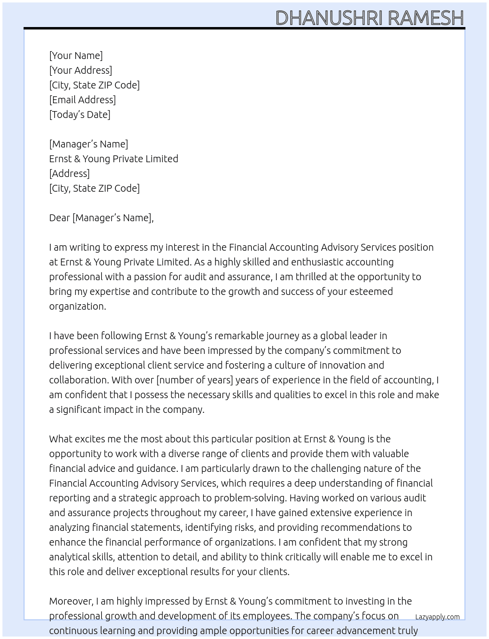 Financial Accounting Advisory Services At Ernst & Young Private Limited Cover Letter
