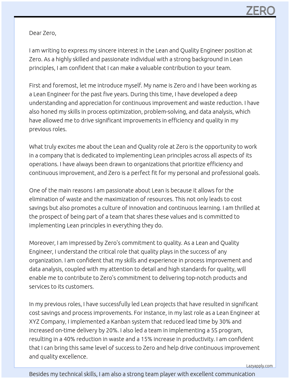 Lean and Quality Engineer At Zero Cover Letter
