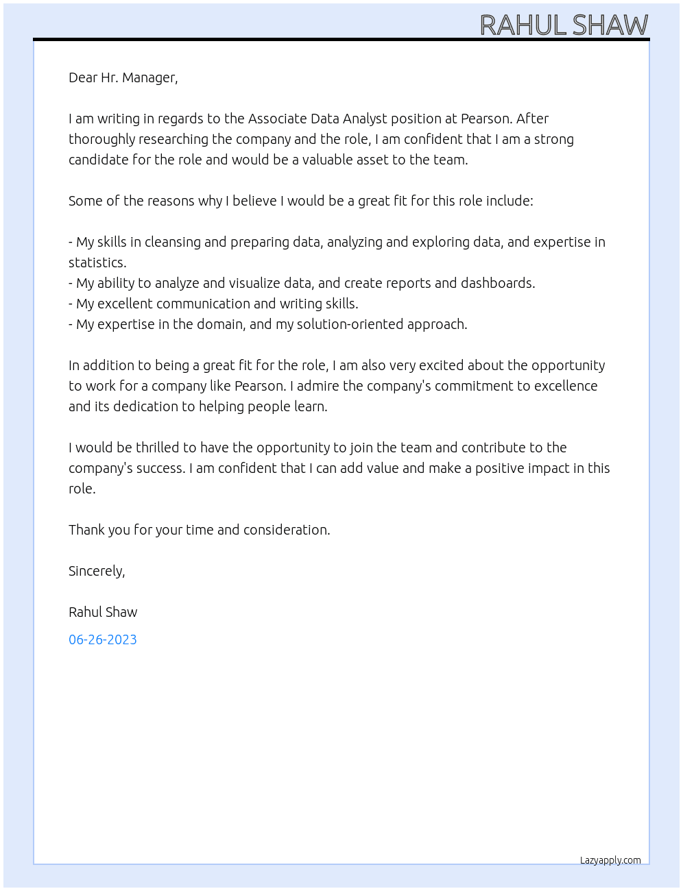 Associate Data Analyst At Pearson Cover Letter