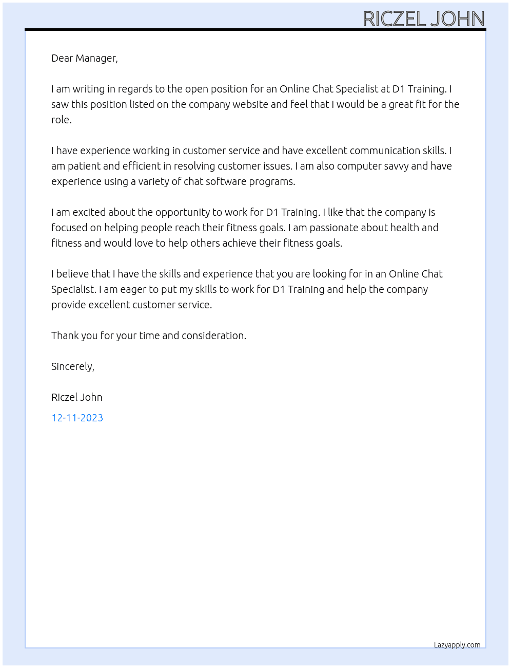 Online Chat Specialist At D1 Training Cover Letter