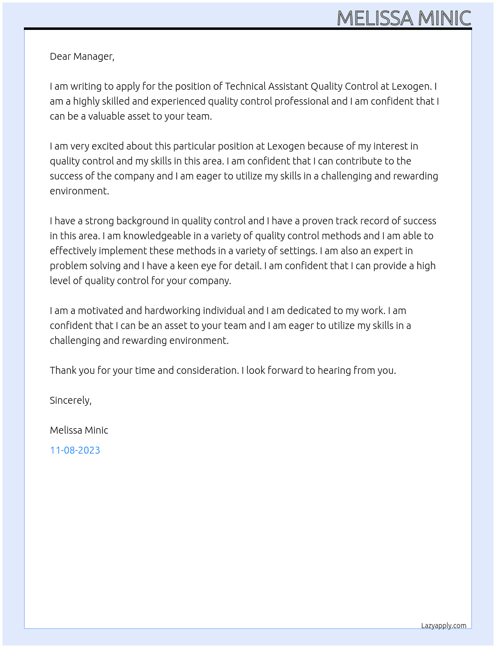 Technical Assitant Quality Control At Lexogen Cover Letter